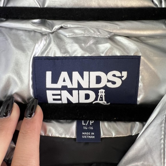 Lands' End Vest Women Large 14/16 Silver Puffer Down Full Zip Insulated Metallic - Picture 4 of 8